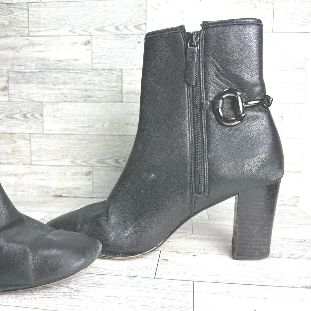 Talbots Bit Detail Ankle Boots Womens 8.5M‎ Black Leather Block Heel Zip GOOD